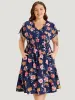 Floral Knot Neck Drawstring Dolman Sleeve Shirred Dress sold by Bloomchic