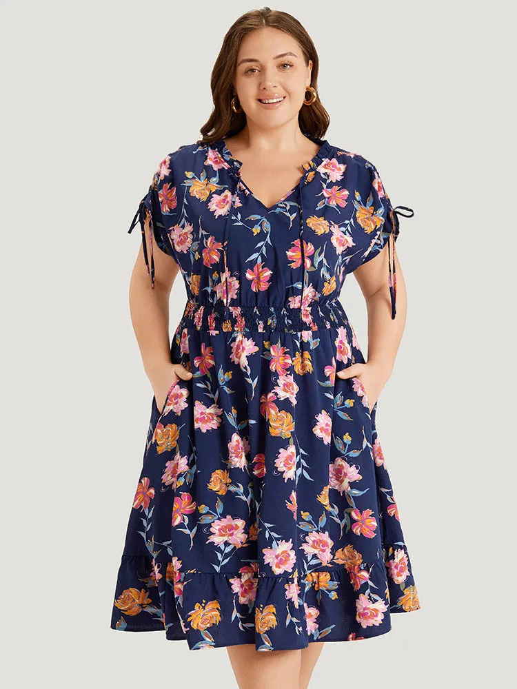 Floral Knot Neck Drawstring Dolman Sleeve Shirred Dress sold by Bloomchic product image thumbnail 3