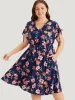 Floral Knot Neck Drawstring Dolman Sleeve Shirred Dress sold by Bloomchic