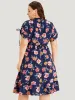 Floral Knot Neck Drawstring Dolman Sleeve Shirred Dress sold by Bloomchic