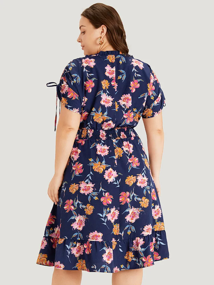 Floral Knot Neck Drawstring Dolman Sleeve Shirred Dress sold by Bloomchic product image thumbnail 5