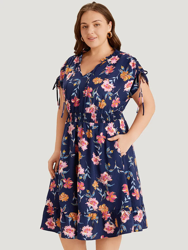 Floral Knot Neck Drawstring Dolman Sleeve Shirred Dress sold by Bloomchic product image thumbnail 4