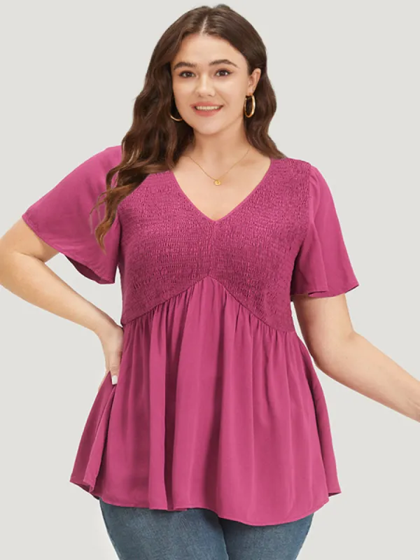 Plain Shirred Patchwork Pleated Ruffle Sleeve Blouse sold by Bloomchic