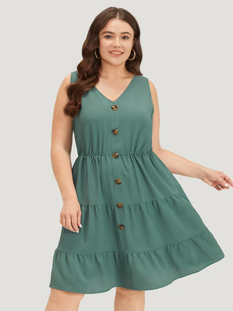 Plain Button Detail Ruffle Layered Hem Gathered Tank Dress sold by Bloomchic product image thumbnail 3