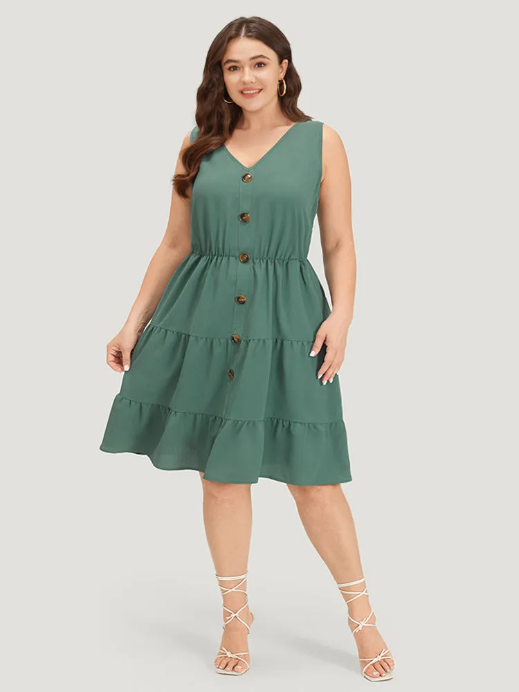 Plain Button Detail Ruffle Layered Hem Gathered Tank Dress sold by Bloomchic