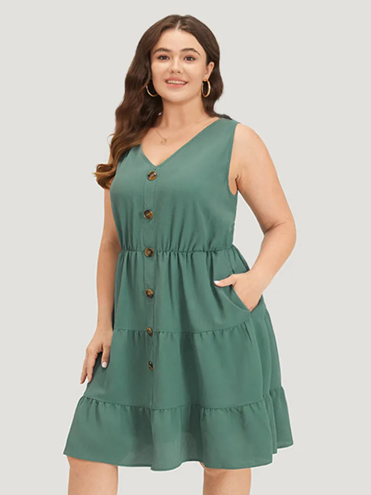 Plain Button Detail Ruffle Layered Hem Gathered Tank Dress sold by Bloomchic product image thumbnail 2