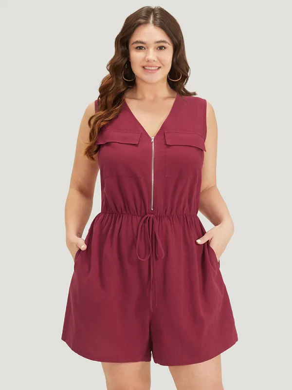 Plain V Neck Pocket Zipper Drawstring Sleeveless Jumpsuit sold by Bloomchic