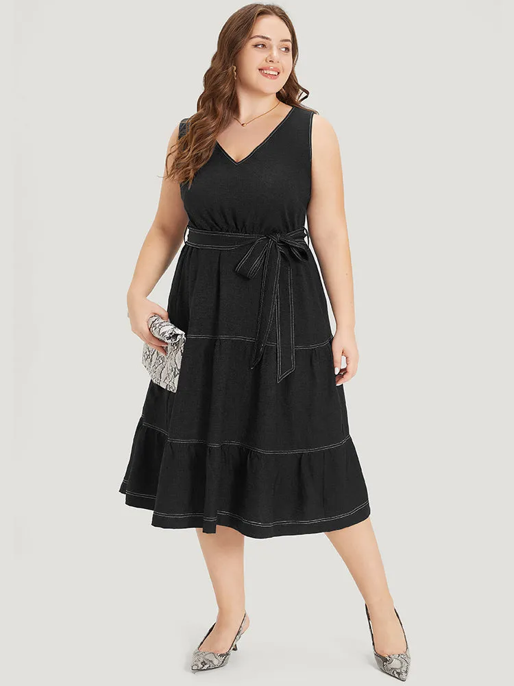 Plain Pocket Belted Layered Contrast Dress sold by Bloomchic product image thumbnail 4