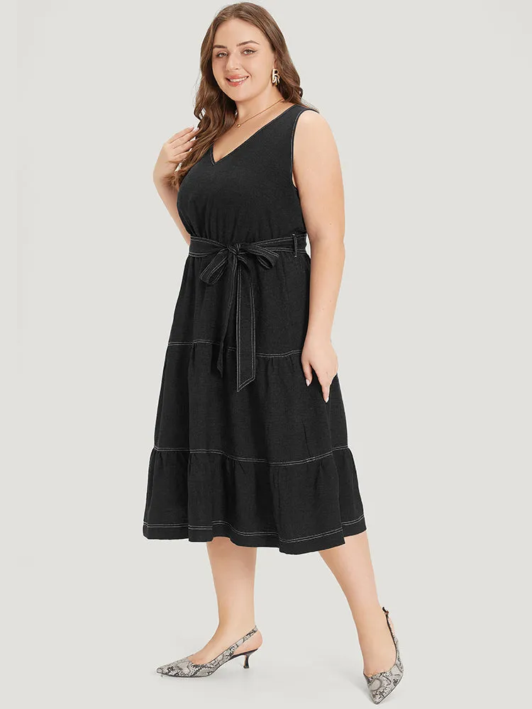 Plain Pocket Belted Layered Contrast Dress sold by Bloomchic product image thumbnail 3
