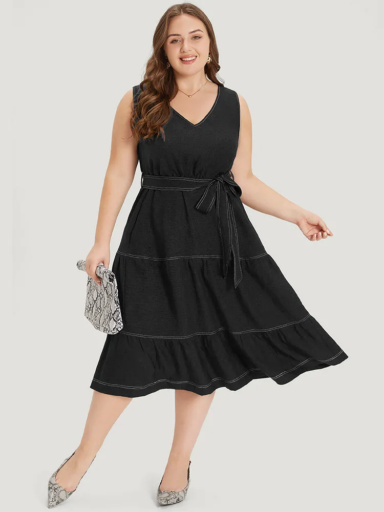 Plain Pocket Belted Layered Contrast Dress sold by Bloomchic