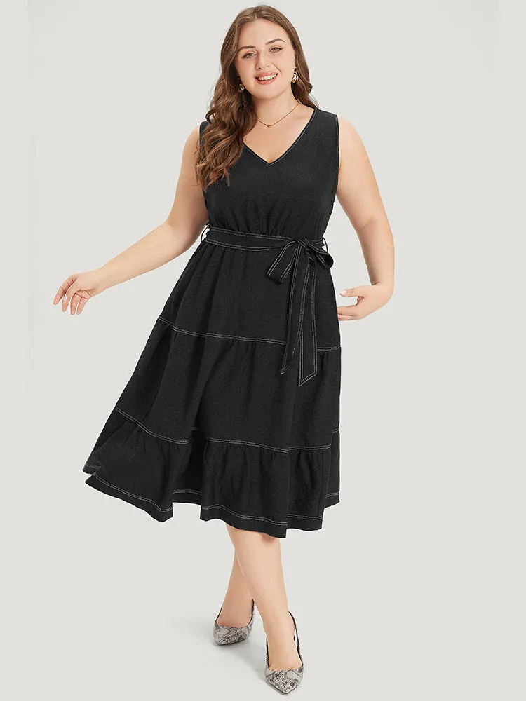 Plain Pocket Belted Layered Contrast Dress sold by Bloomchic product image thumbnail 2