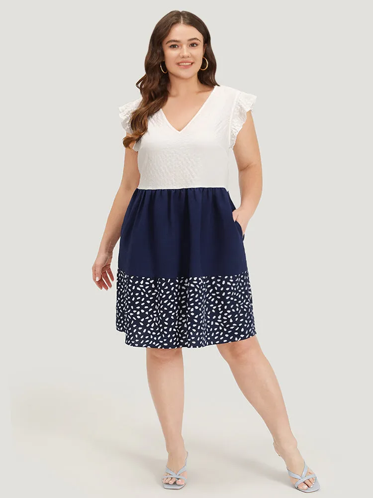 Water Drop Print Patchwork Ruffle Cap Sleeve Pocket Dress sold by Bloomchic product image thumbnail 5