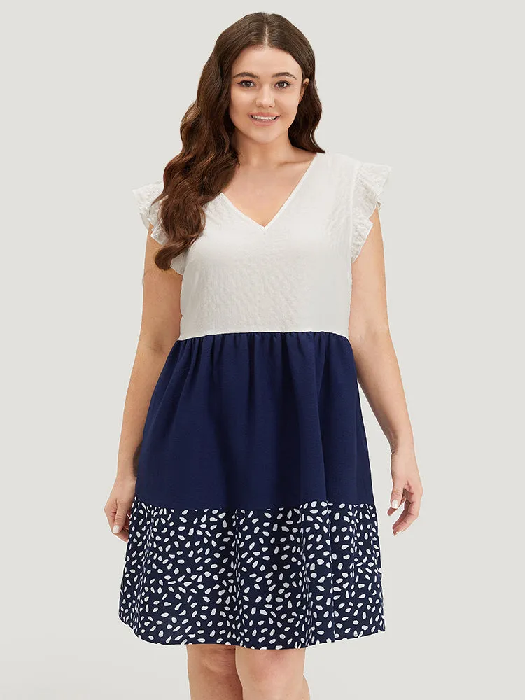 Water Drop Print Patchwork Ruffle Cap Sleeve Pocket Dress sold by Bloomchic