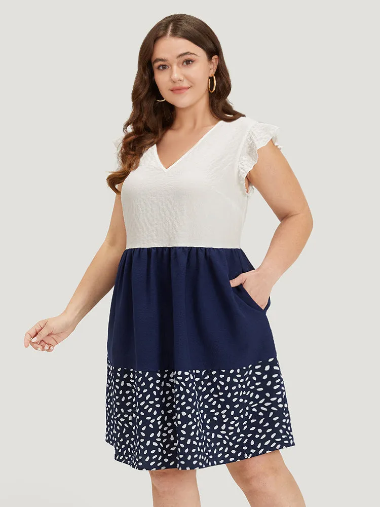 Water Drop Print Patchwork Ruffle Cap Sleeve Pocket Dress sold by Bloomchic product image thumbnail 4