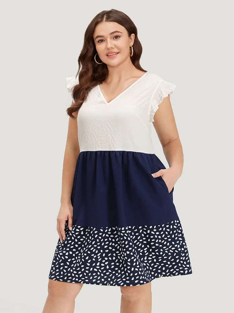 Water Drop Print Patchwork Ruffle Cap Sleeve Pocket Dress sold by Bloomchic product image thumbnail 2