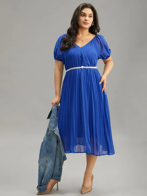 Plain Pleated V Neck Elastic Cuffs Puff Sleeve Dress sold by Bloomchic