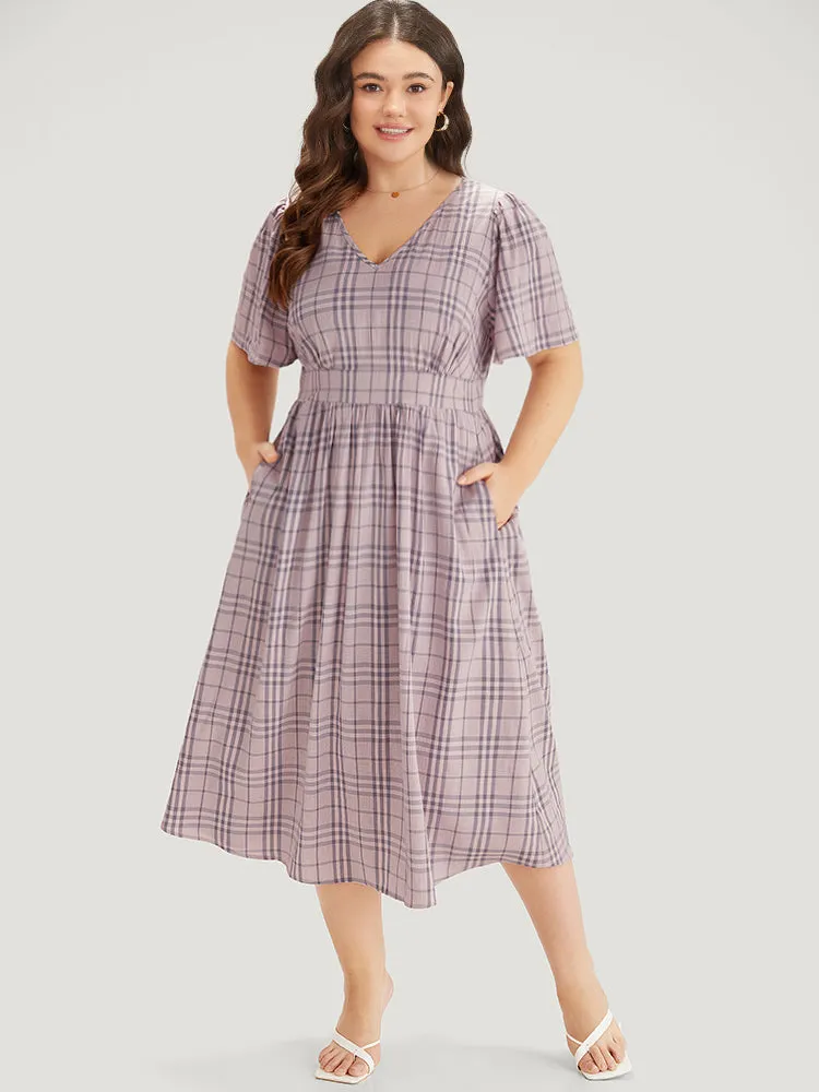 Plaid V Neck Gathered Ruffle Sleeve Dress sold by Bloomchic product image thumbnail 4