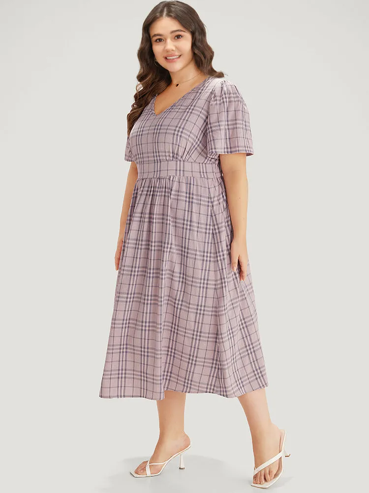 Plaid V Neck Gathered Ruffle Sleeve Dress sold by Bloomchic product image thumbnail 3