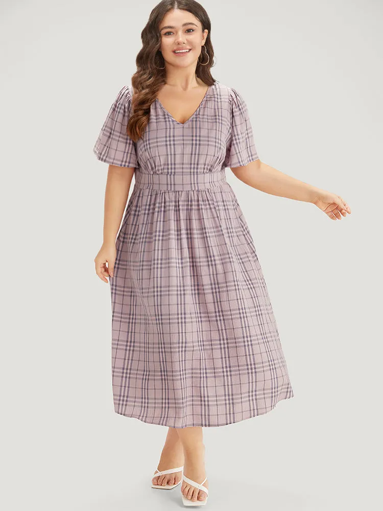 Plaid V Neck Gathered Ruffle Sleeve Dress sold by Bloomchic product image thumbnail 5