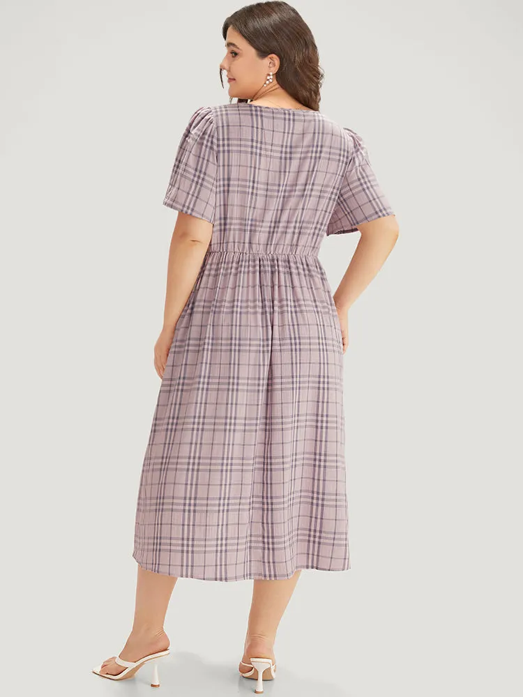 Plaid V Neck Gathered Ruffle Sleeve Dress sold by Bloomchic product image thumbnail 2