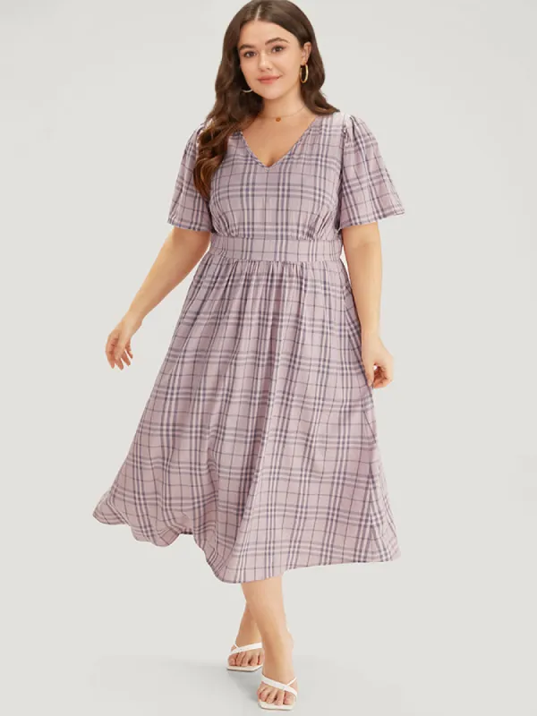 Plaid V Neck Gathered Ruffle Sleeve Dress sold by Bloomchic