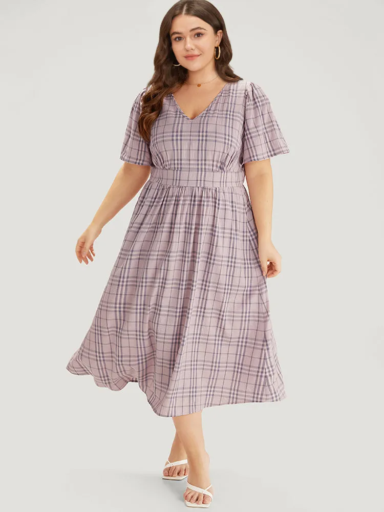 Plaid V Neck Gathered Ruffle Sleeve Dress sold by Bloomchic