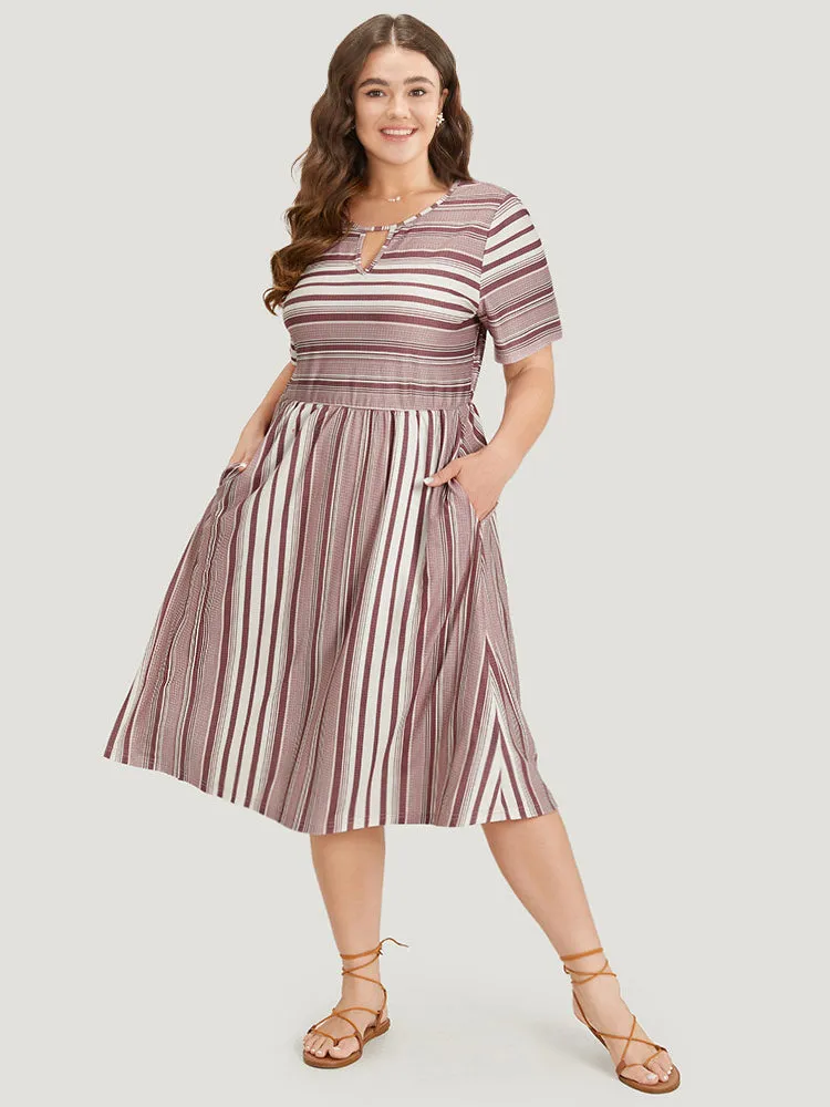Striped Pocket Elastic Waist Keyhole Dress sold by Bloomchic