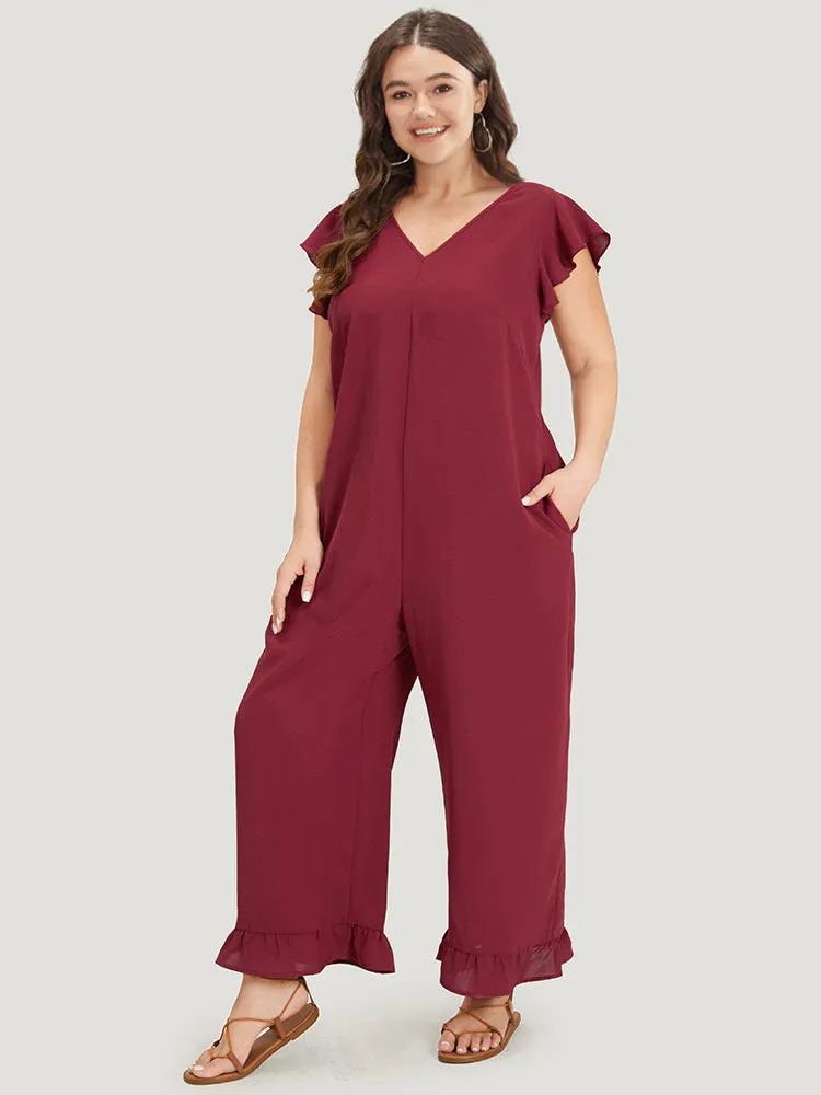 Plain Ruffle Cap Sleeve V Neck Zipper Jumpsuit sold by Bloomchic product image thumbnail 2