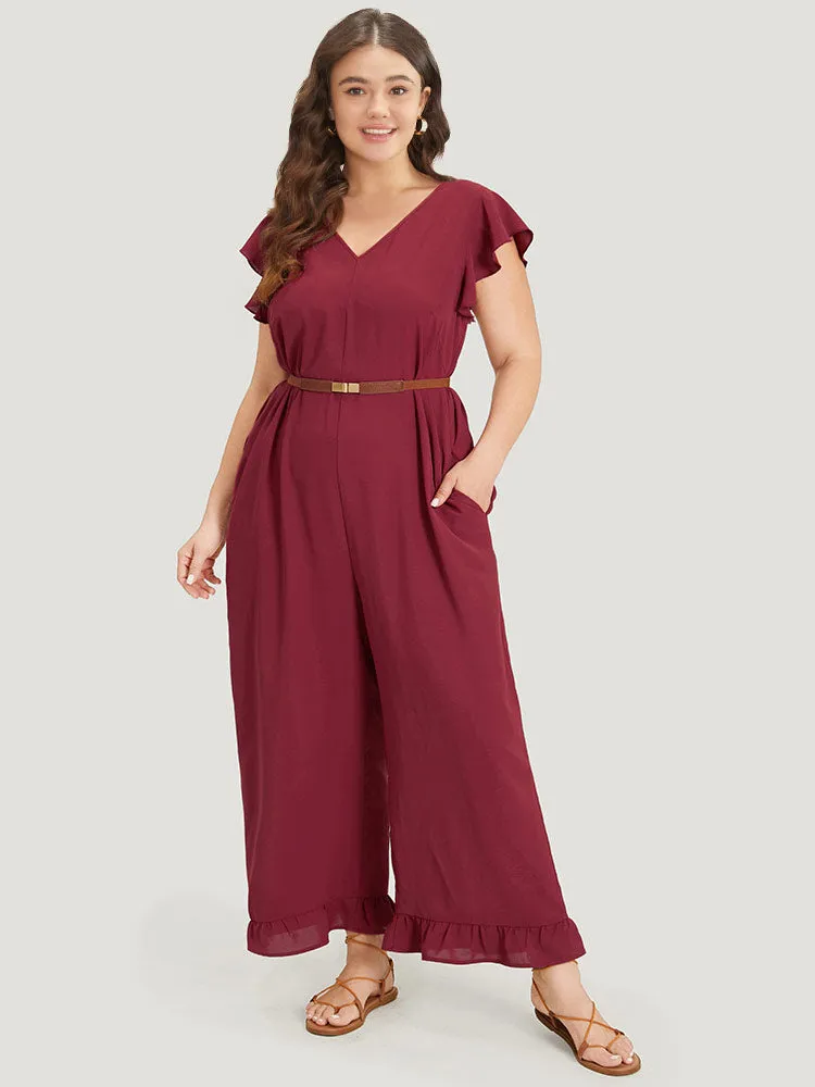 Plain Ruffle Cap Sleeve V Neck Zipper Jumpsuit sold by Bloomchic