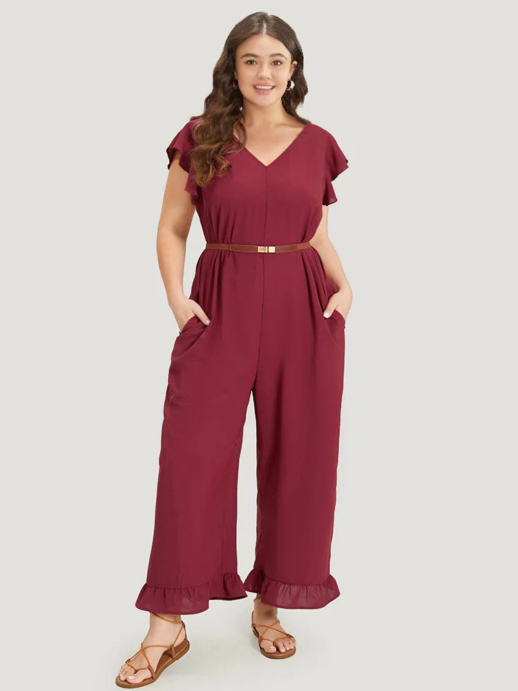 Plain Ruffle Cap Sleeve V Neck Zipper Jumpsuit sold by Bloomchic product image thumbnail 4