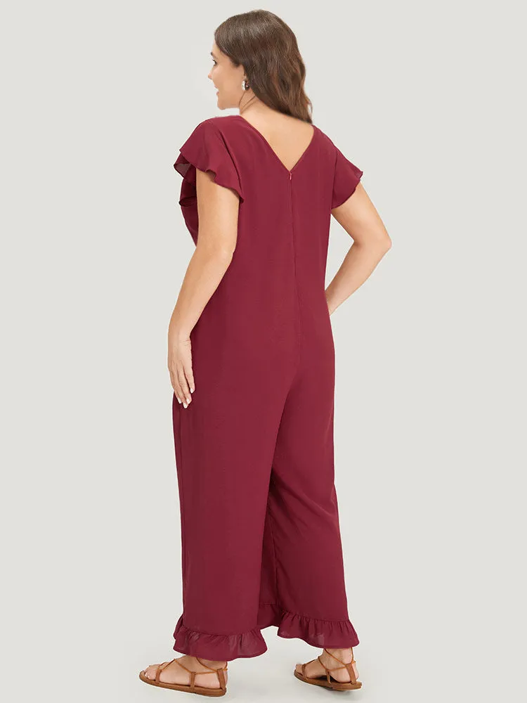 Plain Ruffle Cap Sleeve V Neck Zipper Jumpsuit sold by Bloomchic product image thumbnail 3