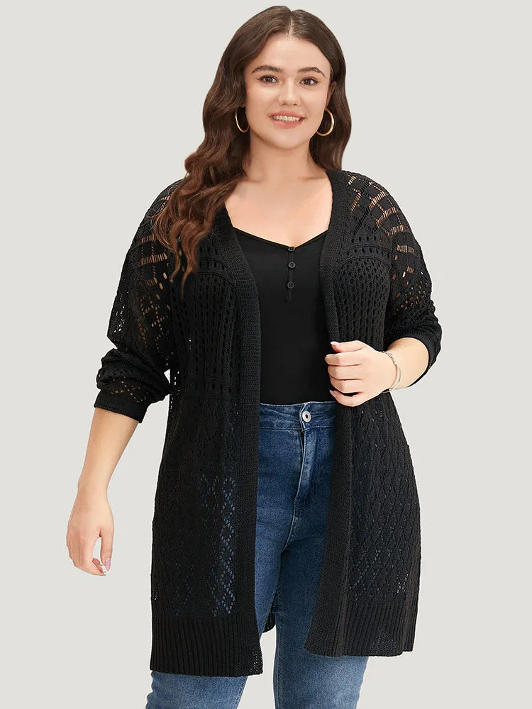 Solid Geometric Eyelet Batwing Sleeve Elastic Cuffs Cardigan sold by Bloomchic