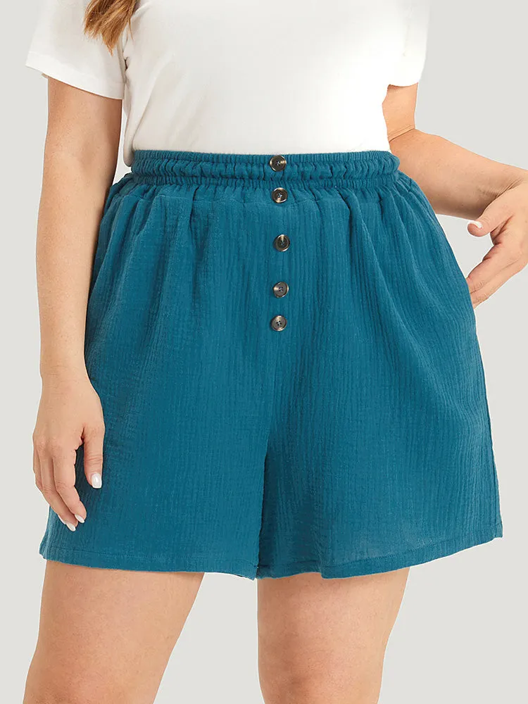 Plain Shirred Pocket Button Detail Shorts sold by Bloomchic