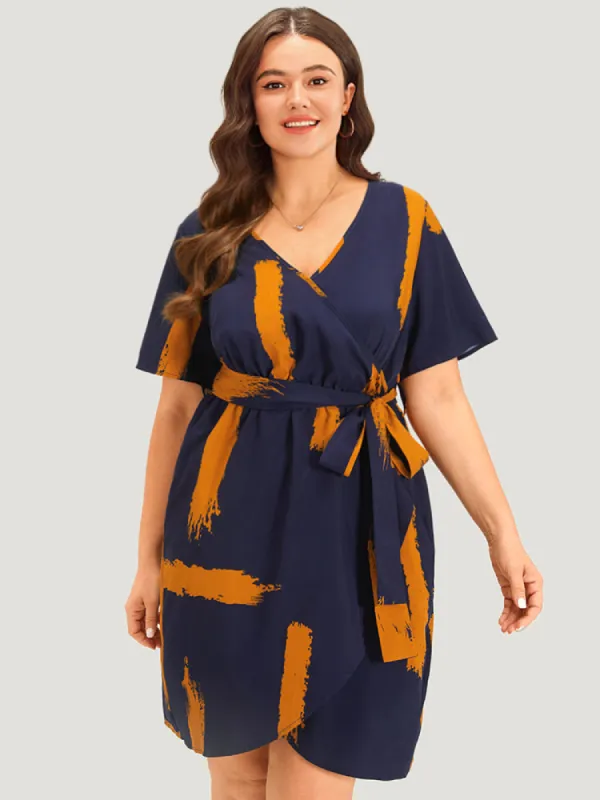 Brush Print V Neck Pocket Wrap Hem Belted Dress sold by Bloomchic