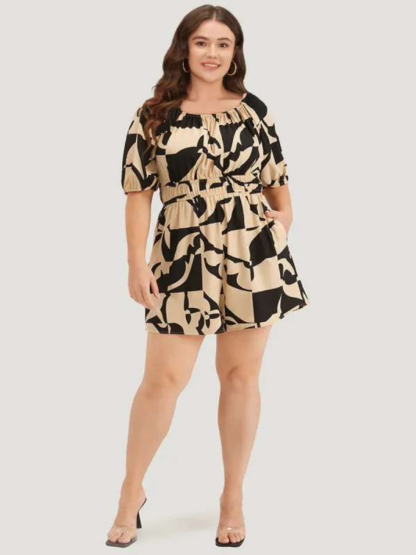 Geometric Shirred Pocket Elastic Waist Puff Sleeve Jumpsuit sold by Bloomchic