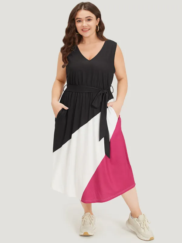 Colorblock Contrast Pocket Belted Tank Dress sold by Bloomchic