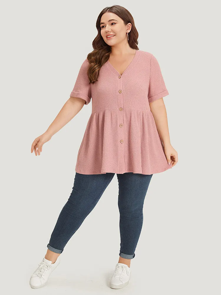 Plain Button Up Cuffed Sleeve Ruffle Hem T-shirt sold by Bloomchic product image thumbnail 4