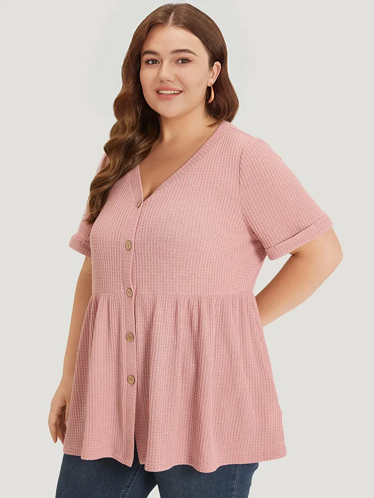 Plain Button Up Cuffed Sleeve Ruffle Hem T-shirt sold by Bloomchic product image thumbnail 2