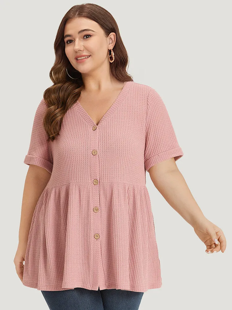 Plain Button Up Cuffed Sleeve Ruffle Hem T-shirt sold by Bloomchic