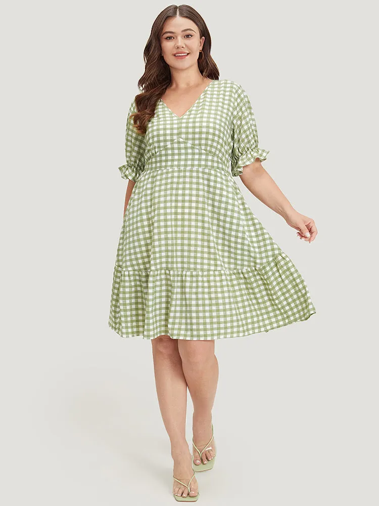 Gingham Ruffle Hem V Neck Puff Sleeve Dress sold by Bloomchic product image thumbnail 4
