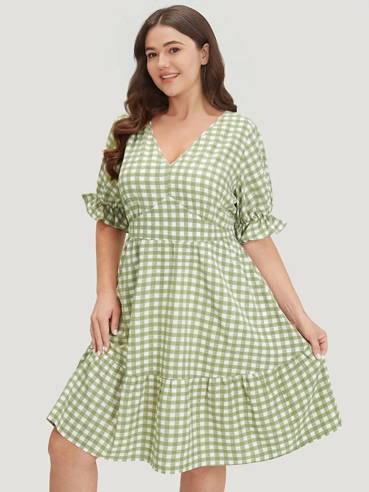 Gingham Ruffle Hem V Neck Puff Sleeve Dress sold by Bloomchic product image thumbnail 3