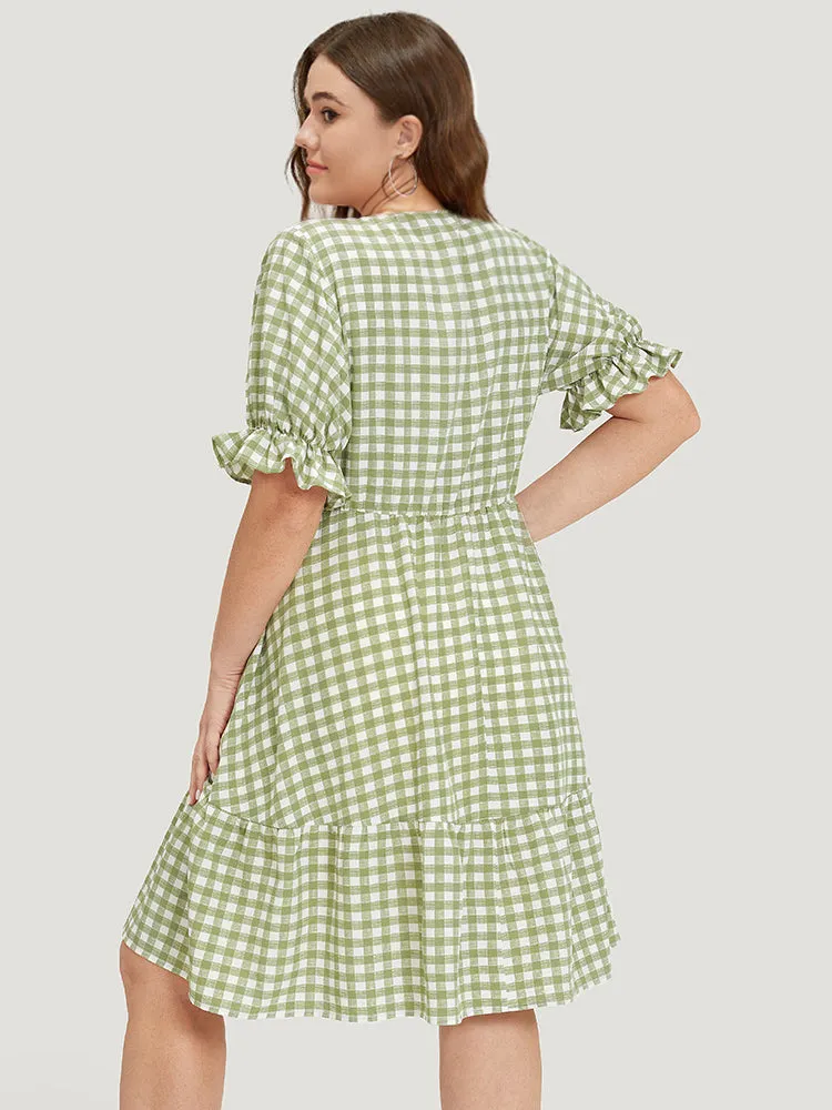 Gingham Ruffle Hem V Neck Puff Sleeve Dress sold by Bloomchic product image thumbnail 2