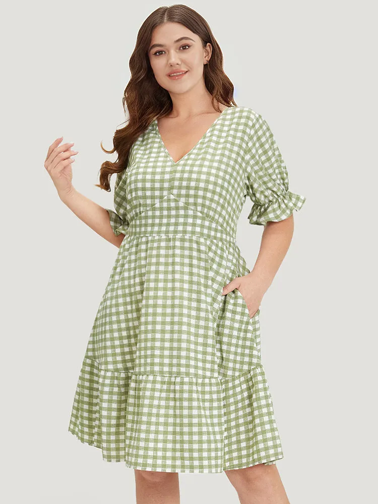 Gingham Ruffle Hem V Neck Puff Sleeve Dress sold by Bloomchic product image thumbnail 5