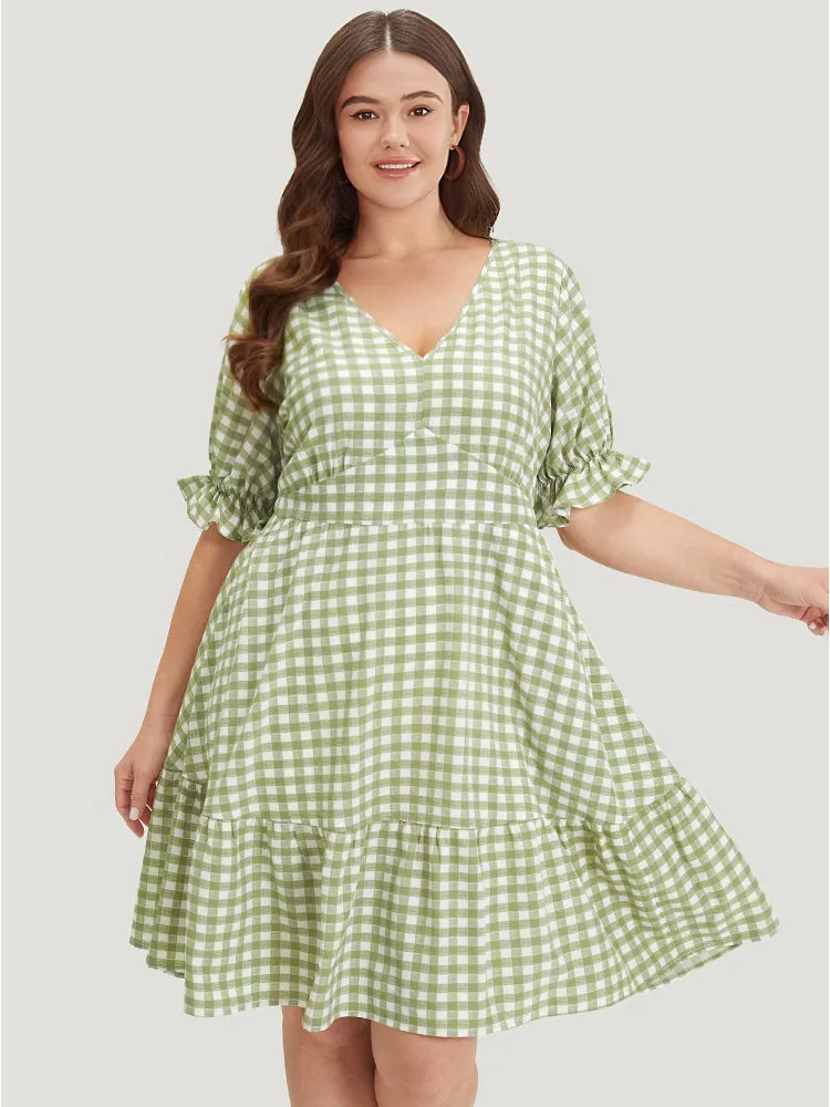 Gingham Ruffle Hem V Neck Puff Sleeve Dress sold by Bloomchic