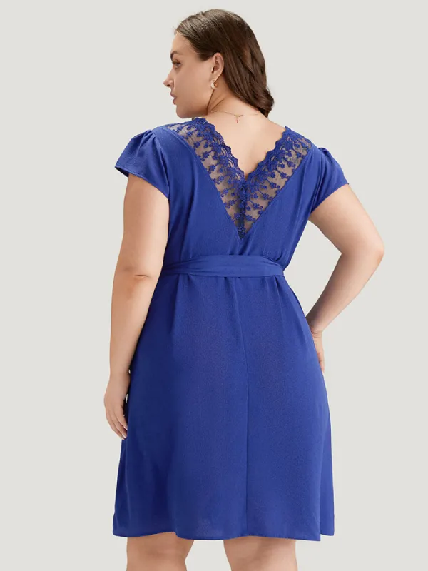 Solid Pocket Lace Mesh Belted Cut Out Dress sold by Bloomchic