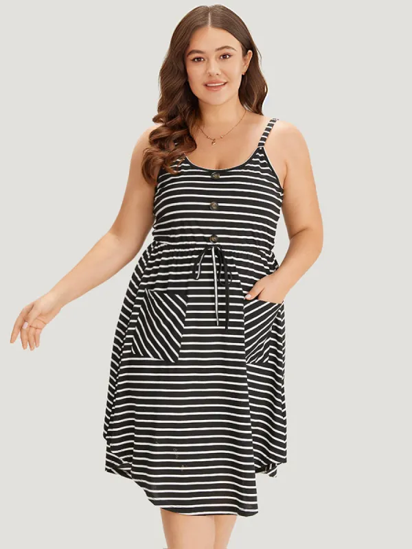 Striped Button Detail Pocket Curved Hem Cami Dress sold by Bloomchic