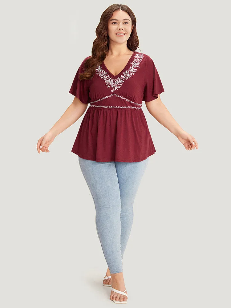 Floral Embroidered Ruffles V Neck Gathered T-shirt sold by Bloomchic product image thumbnail 5