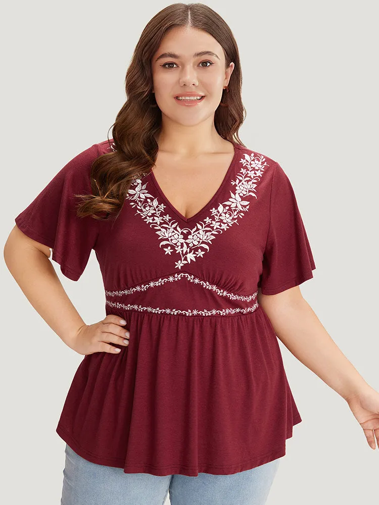 Floral Embroidered Ruffles V Neck Gathered T-shirt sold by Bloomchic