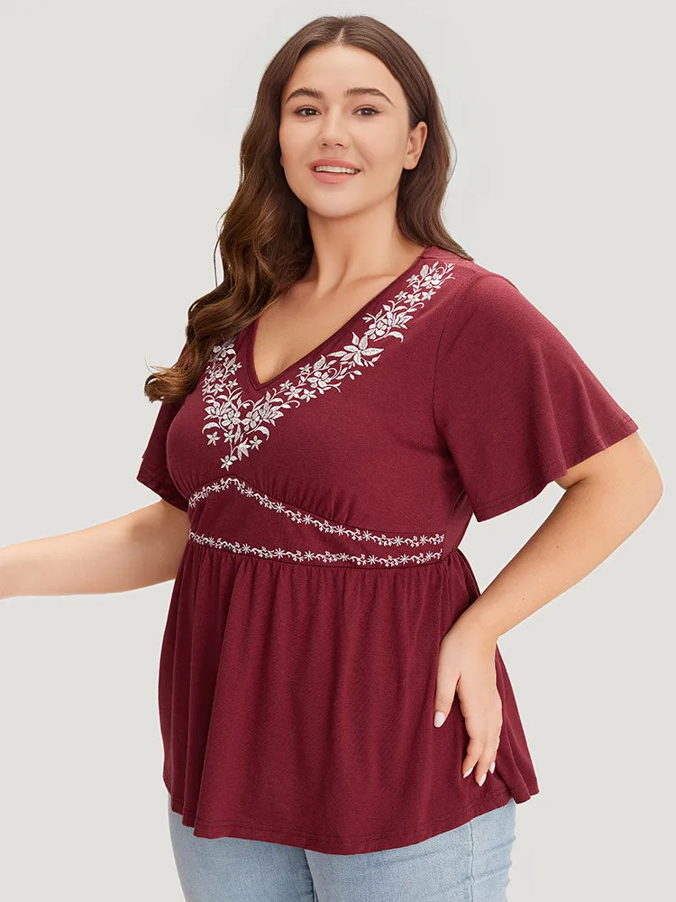 Floral Embroidered Ruffles V Neck Gathered T-shirt sold by Bloomchic product image thumbnail 4