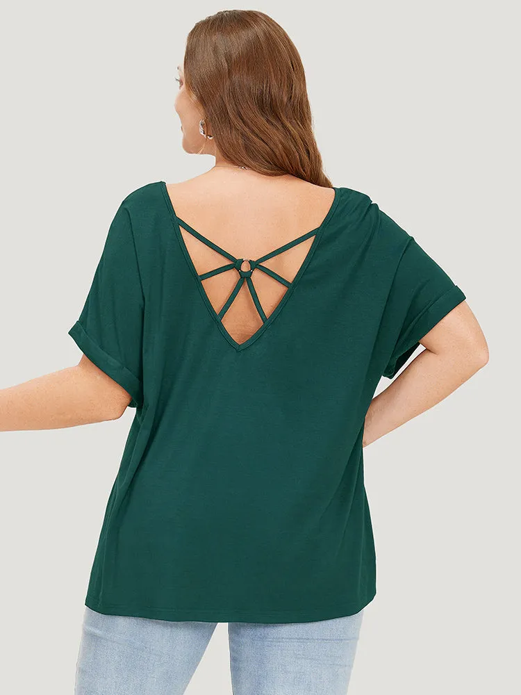 Solid Backless Roll Sleeve Cut Out T-shirt sold by Bloomchic
